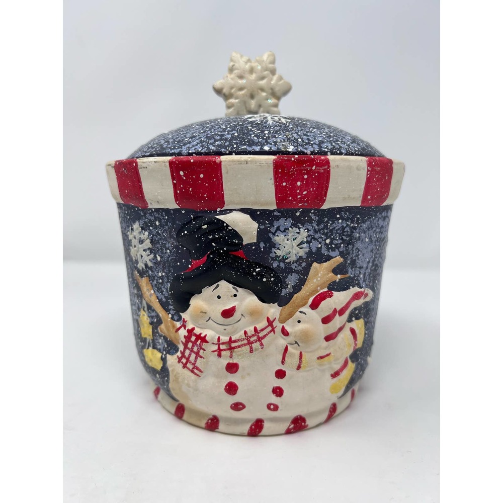 Huntington It's Snow Time Holiday Cookie Jar Snowflakes and Snowmen 7" Tall